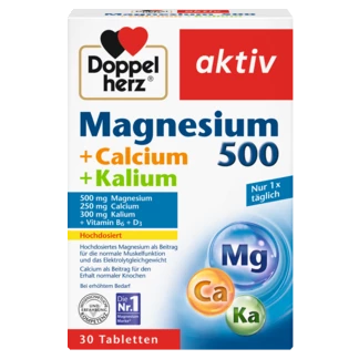 Abbildung der Produktverpackung Doppelherz aktiv Magnesium 500 + Calcium + Kalium Frontansicht